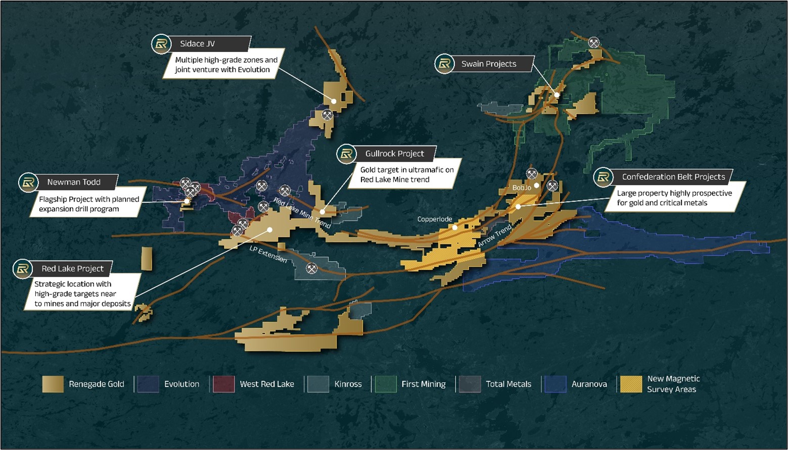 Renegade Gold Properties highlighting new magnetic survey areas.