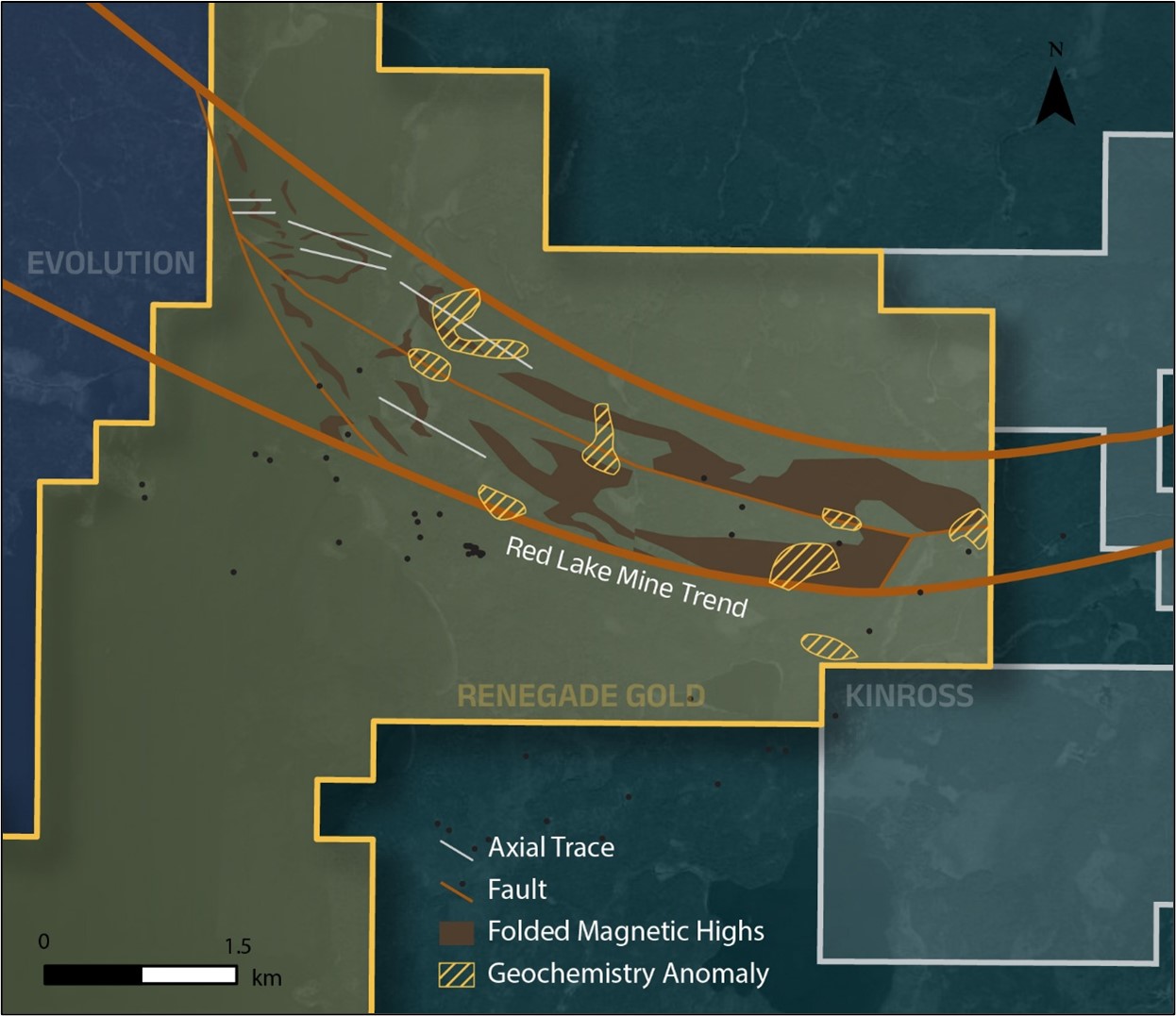Gullrock Project with interpreted structure, magnetic highs, and geochemical anomalies.